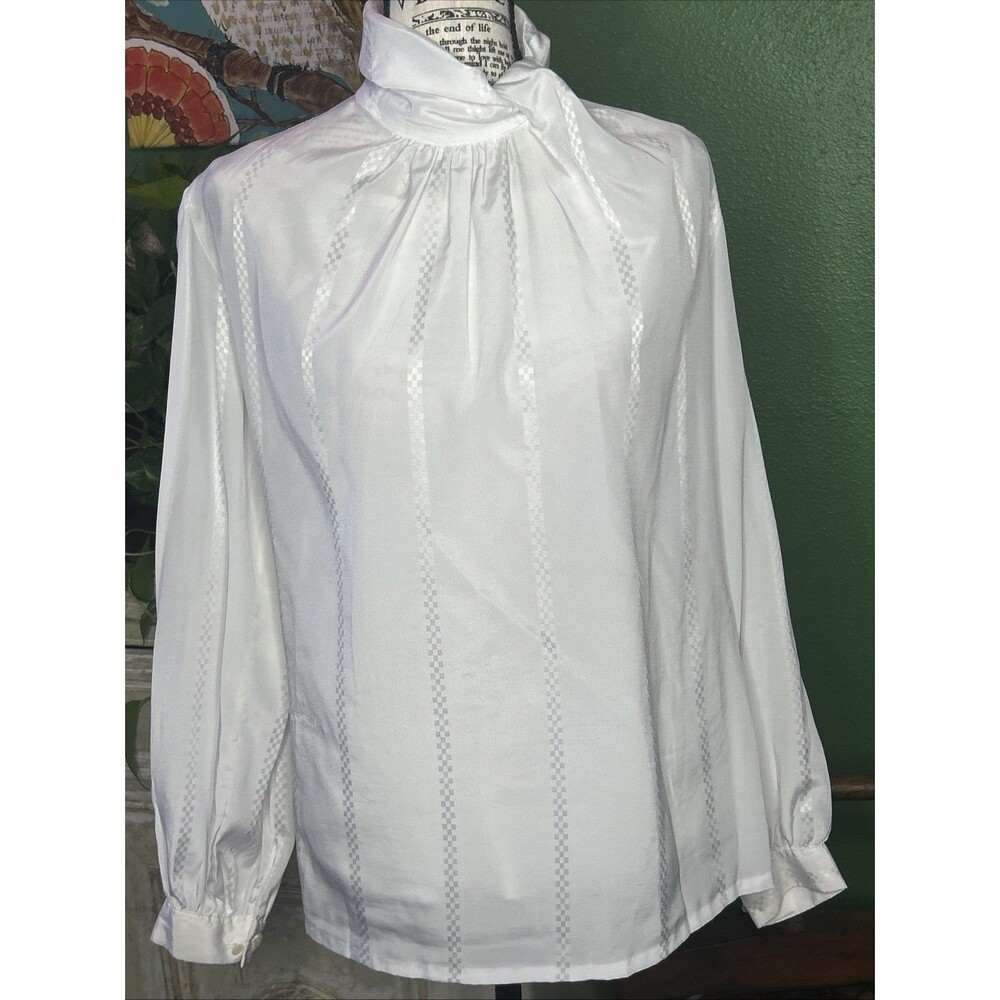 Vintage 80s White High Neckline Blouse Sz-14 Nerdy Office Career